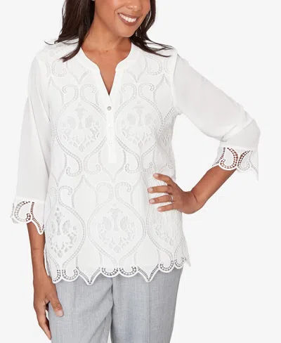 Alfred Dunner Petite Al Fresco Lace Cut Out Front Henley Top In White