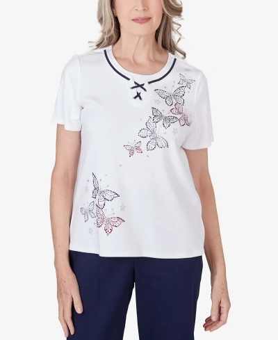 Alfred Dunner Petite All American Butterfly Crew Neck Top In White