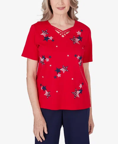 ALFRED DUNNER PETITE ALL AMERICAN EMBROIDERED STARS TOP