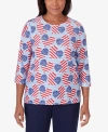 ALFRED DUNNER PETITE ALL AMERICAN FLAG HEARTS THREE QUARTER SLEEVE SHIRT