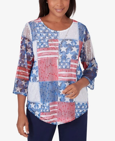 ALFRED DUNNER PETITE ALL AMERICAN PATCHWORK FLAG MESH CREW NECK NECKLACE TOP