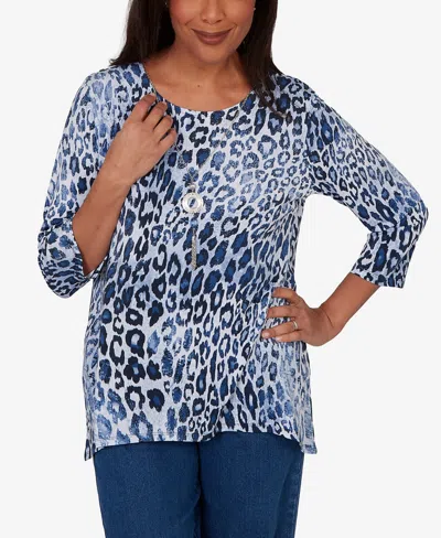 Alfred Dunner Petite Animal Printed Top With Necklace In Blue