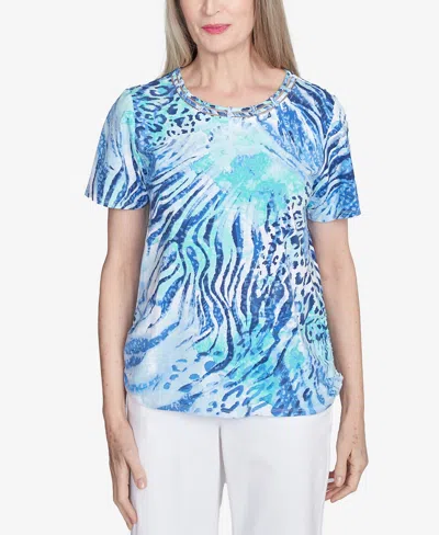 Alfred Dunner Petite Animal Printed Top With Ruched Sides In Blue
