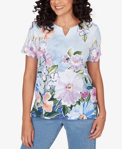 Alfred Dunner Petite Artisan Floral Split Neck Top In Multi