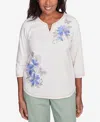 Alfred Dunner Petite Asymmetric Butterfly Floral Embroidered Top In White