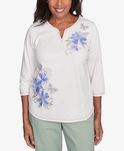 Alfred Dunner Petite Asymmetric Butterfly Floral Embroidered Top In Oatmeal