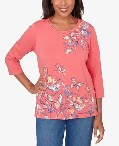 Alfred Dunner Petite Austin Asymmetric Etched Floral Knit Top In Pink