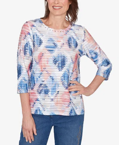 Alfred Dunner Petite Austin Aztec Diamond Knit Top In Blue
