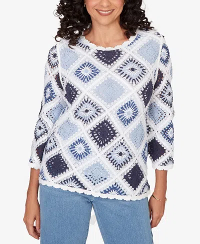 Alfred Dunner Petite Austin Diamond Crochet Sweater In Blue