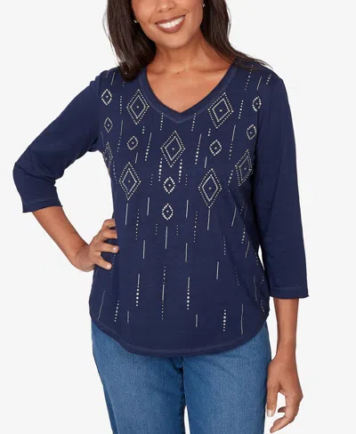 Alfred Dunner Petite Austin Diamond Geometric Heat Set Knit Top In Blue