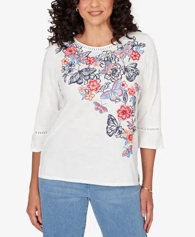 Alfred Dunner Petite Austin Embroidered Butterfly Crew Neck Knit Top In White
