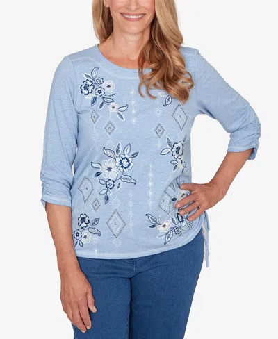 Alfred Dunner Petite Austin Floral Diamond Embroidered Knit Top In Blue