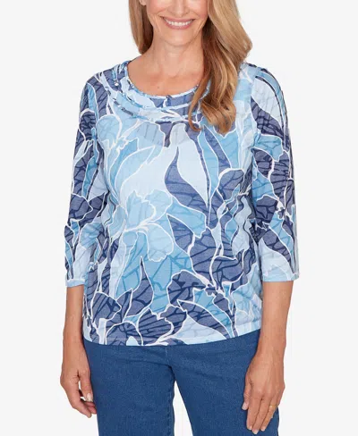 Alfred Dunner Petite Austin Monotone Patch Print Knotted Detail Top In Blue