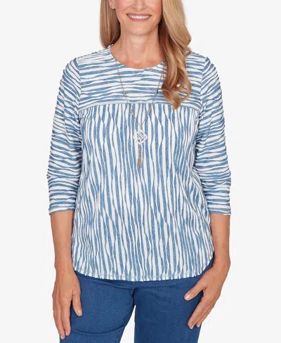 Alfred Dunner Petite Austin Novelty Spliced Textured Top With Necklace In Blue