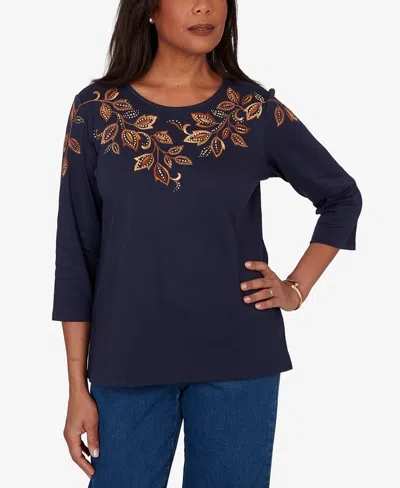 Alfred Dunner Petite Autumn Embroidered Navy Knit Top In Black