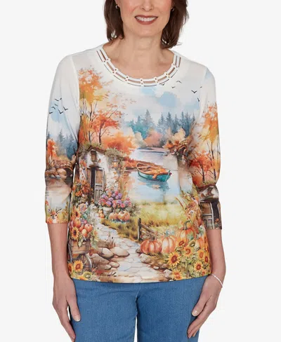 Alfred Dunner Petite Autumn Lake Scenic Print Top In Multi