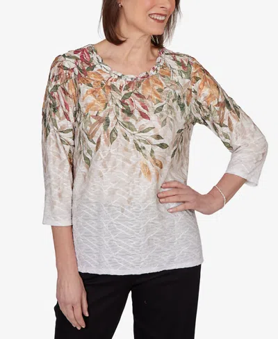 Alfred Dunner Petite Autumn Leaves Braided Neck Top In Multi