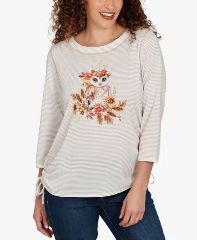 Alfred Dunner Petite Autumn Owl Knit Top In Neutral