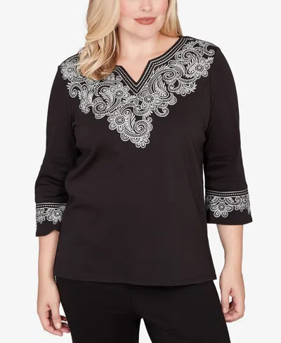 Alfred Dunner Petite Barcelona Embroidered Scroll Accent Soft Knit Top In Black