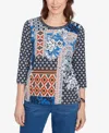 Alfred Dunner Petite Batik Patchwork Drawstring Closure Top In Multi