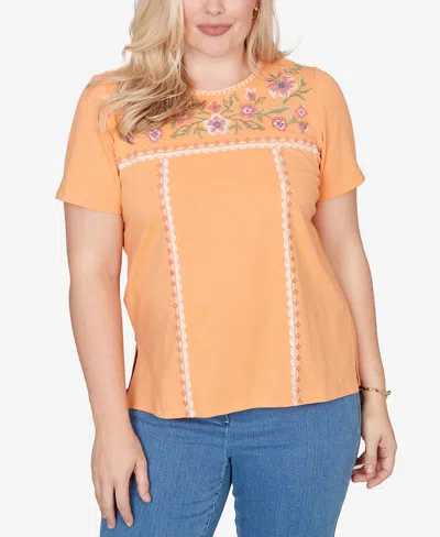 Alfred Dunner Petite Beachcomber Embroidered Floral Neck Short Sleeve T-shirt In Orange