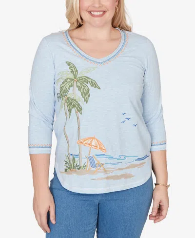 Alfred Dunner Petite Beachcomber Scenic Palm Tree Embroidered Top In Blue