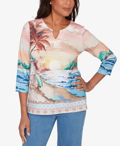 Alfred Dunner Petite Beachcomber Sunset Beach Scenic Split Neck Top In Pink