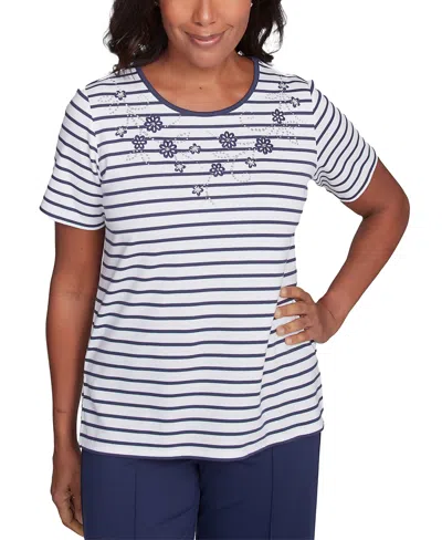 ALFRED DUNNER PETITE BEADED-FLORAL STRIPED CREWNECK TOP