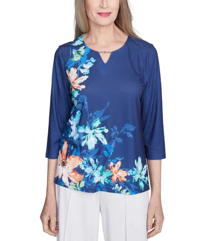 Alfred Dunner Petite Beaded Split-neck Asymmetric-floral Top In Marblue