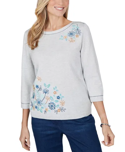 Alfred Dunner Petite Boat-neck 3/4-sleeve Cotton-blend Sweater In Gray