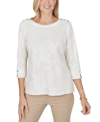 Alfred Dunner Petite Boat-neck 3/4-sleeve Floral-print Blouse In Gray