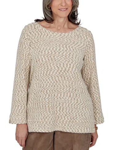 Alfred Dunner Petite Boat-neck 3/4-sleeve Loose Sweater In Brown