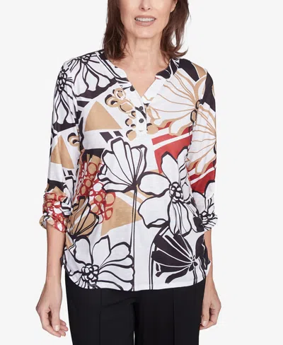 Alfred Dunner Petite Bold Floral Illustrated Henley Top In Neutral Multi