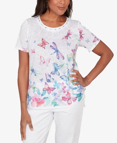Alfred Dunner Petite Butterfly Beaded Side Tie Ruched Top In Multi