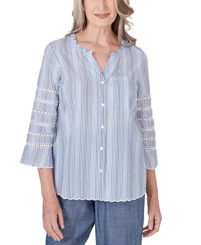 Alfred Dunner Petite Button-down Embroidered Scalloped Top In Blue