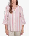 Alfred Dunner Petite Button Down Embroidered Sleeve Top In Multi Pink