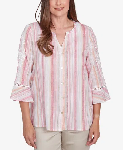 Alfred Dunner Petite Button Down Embroidered Sleeve Top In Multi Pink