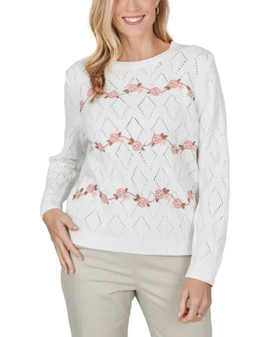 Alfred Dunner Petite Cable-knit Floral-embroidered Lightweight Sweater In Multi