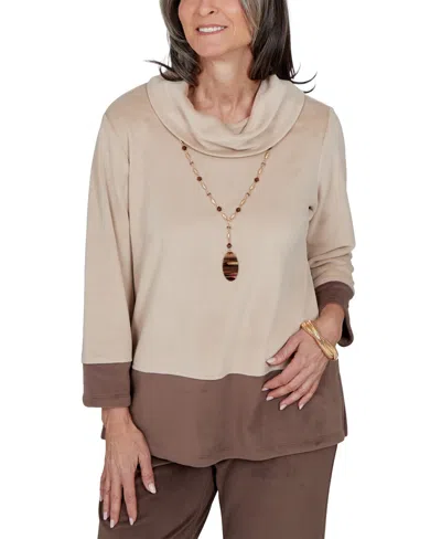 Alfred Dunner Petite Calm Luxe Colorblock Cowl-neck 3/4-sleeve Top In Neutral