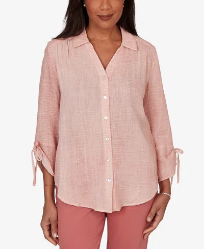 Alfred Dunner Petite Camden Market Crinkle Gauze Button-front Top In Pink