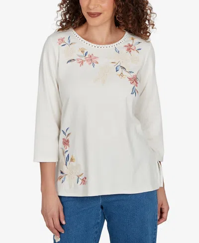 Alfred Dunner Petite Camden Market Crochet Embroidered Floral Knit Top In White