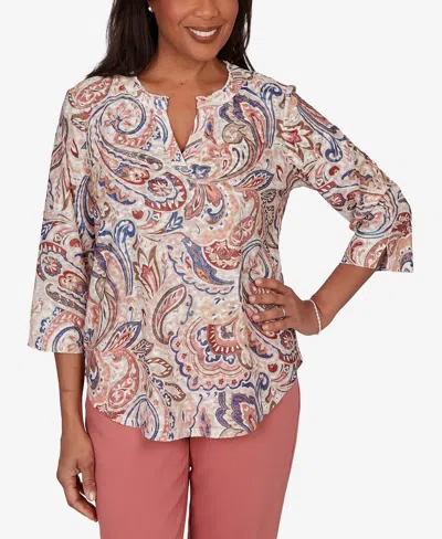 Alfred Dunner Petite Camden Market Paisley Split Neck Knit Top In Multi