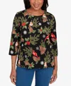 Alfred Dunner Women's Classic Cardinals And Pinecones Embellished Top In Black