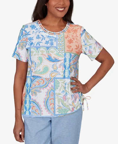 Alfred Dunner Petite Caribbean Blues Patchwork Scroll Side Tie Ruched T-shirt In Multi