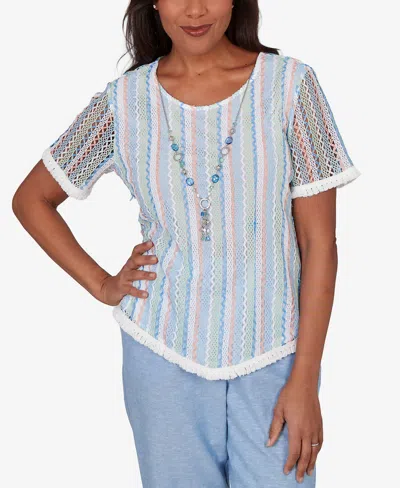 Alfred Dunner Petite Caribbean Blues Textured Stripe T-shirt With Necklace