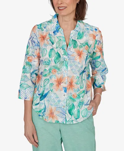Alfred Dunner Petite Caribbean Blues Tropical Flower Eyelet Tie-sleeve Top In Multi