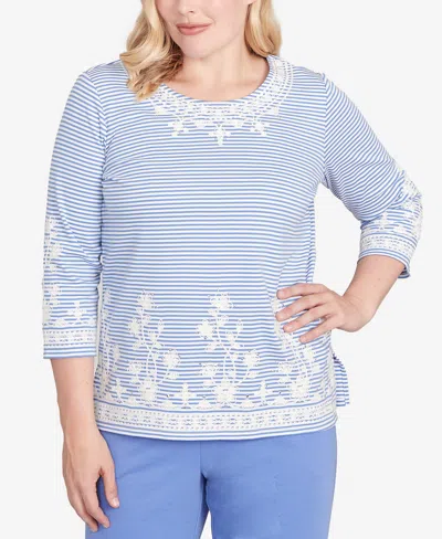 Alfred Dunner Petite Casual Vibe Embellished Striped Crew Neck Top In Blue