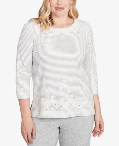 Alfred Dunner Petite Casual Vibe Embellished Striped Crew Neck Top In Gray