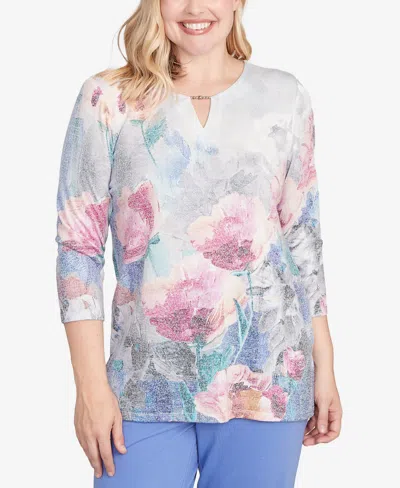 Alfred Dunner Petite Casual Vibe Floral Brushstroke Beaded Split Neck Top In Blue