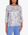 Alfred Dunner Petite Casual Vibe Pleated Paisley Crew Neck Top In Pink